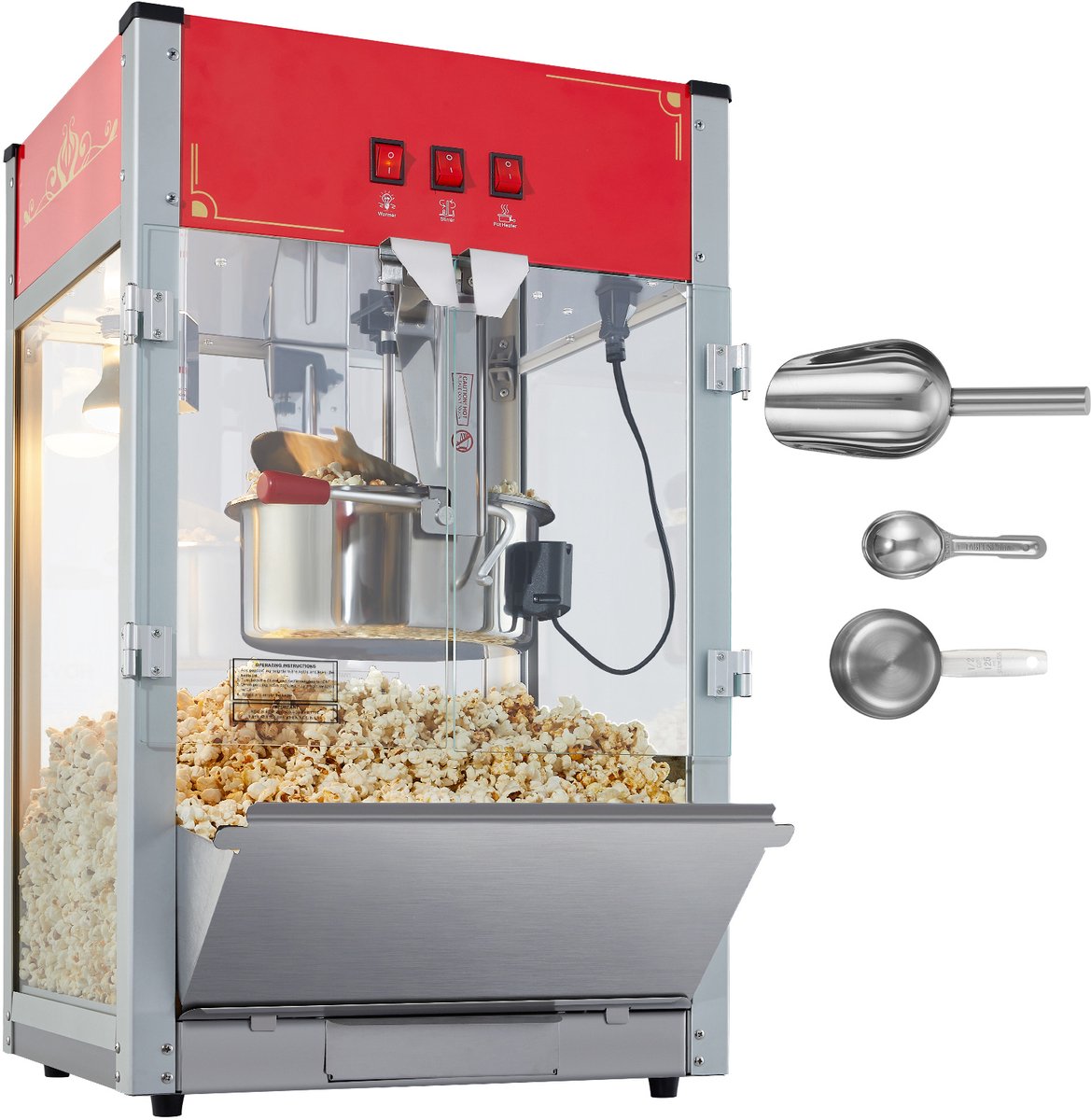 Popcornmachine, 1440 W Popcornmachine, 12 Oz Waterkoker, 80 Kopjes Per Lading, Tafelmachine met Gehard Glas, 3 Roestvrijstalen Schepjes, Rood
