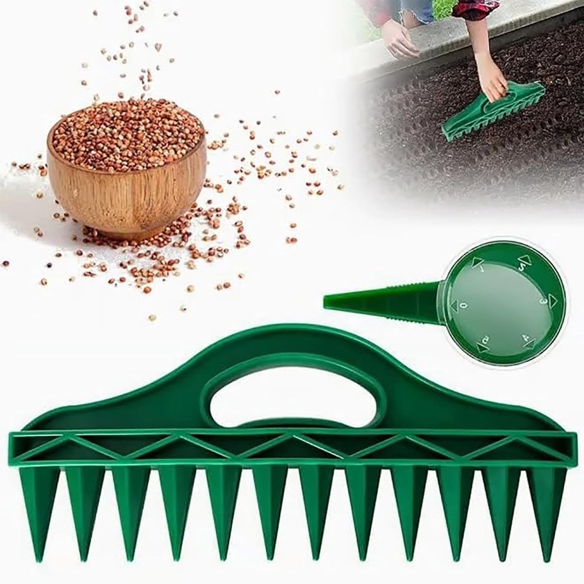 Handheld Potgrond Blocker Set - Hand zaaimachine - Grondperforator - 12-gaten hand zaaimachine - Voor kleine zaden en meststoffen - Set tuingatengraver en dispenser voor twee doeleinden - Voor het planten van gras in gazons - Groen
