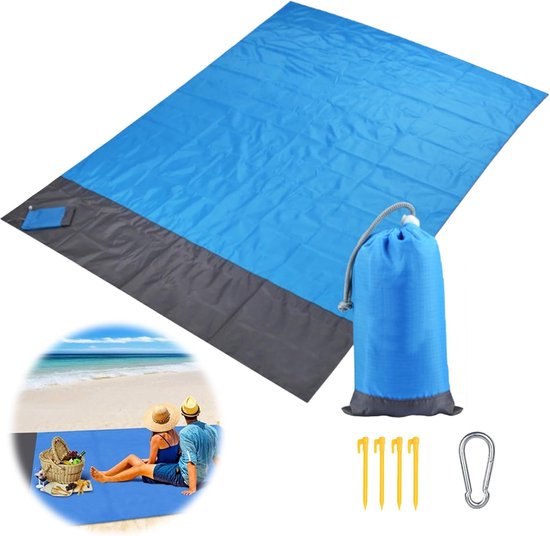 Serviette de plage - Serviette de plage - Serviette de plage 200x210cm - Couverture de pique-nique lavable et anti-sable pour la plage, le camping, le pique-nique, avec poignée, pics de fixation et crochets, sac de rangement