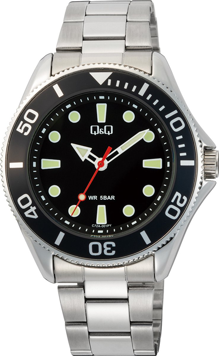 QQ C72A-001VY - Horloge - Polshorloge - Analoog - Heren - Mannen - Stalen band - Rond - Metaal - Stippen - Strepen - Zilverkleurig - Zwart - LichtGroen