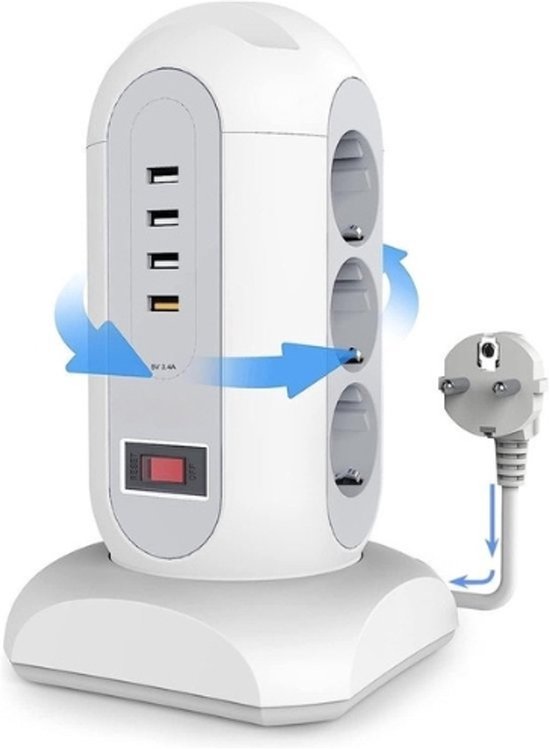 StayPowered Stekkertoren - Jouw Ultieme Stroomoplossing met USB en Terugtrekbare Kabel! - 9 Stopcontacten en 4 USB Poorten - 2500W - Ingebouwde Veiligheidsfuncties - Compact Design - 1.65m Lange Snoer - Wit - Levering Sneller dan Aangegeven!