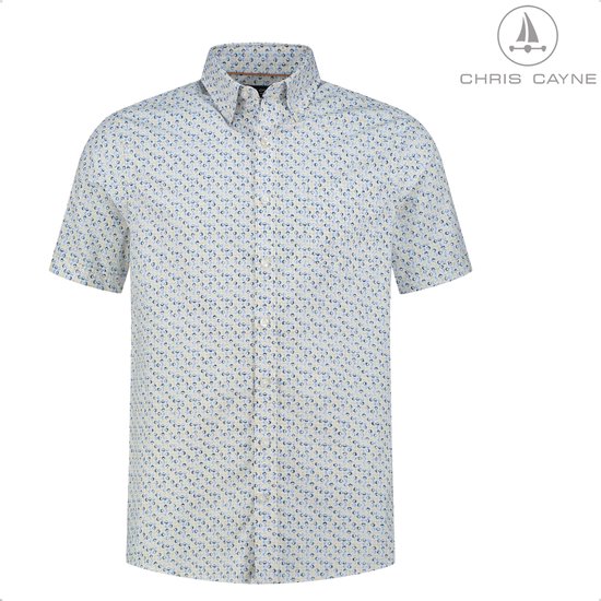Chris Cayne heren overhemd - L - offwhite/lichtblauw/beige/donkerblauwe - korte mouwen - geprint - borstzak - button down kraag
