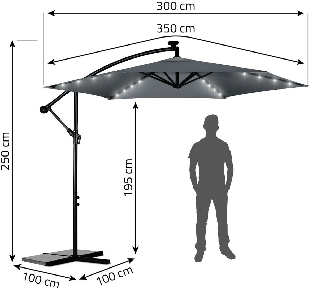 Jurrys Parasol - Zweefparasol - Schaduwdoek - Tuinparasol - Inclusief verlichting - Complete set - Polyester - Grijs - 300cm – foto 3