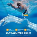 Man zwemt met witte zwembril, met weergave van panoramisch zicht van 130 graden. "Ultrazuiver zicht"