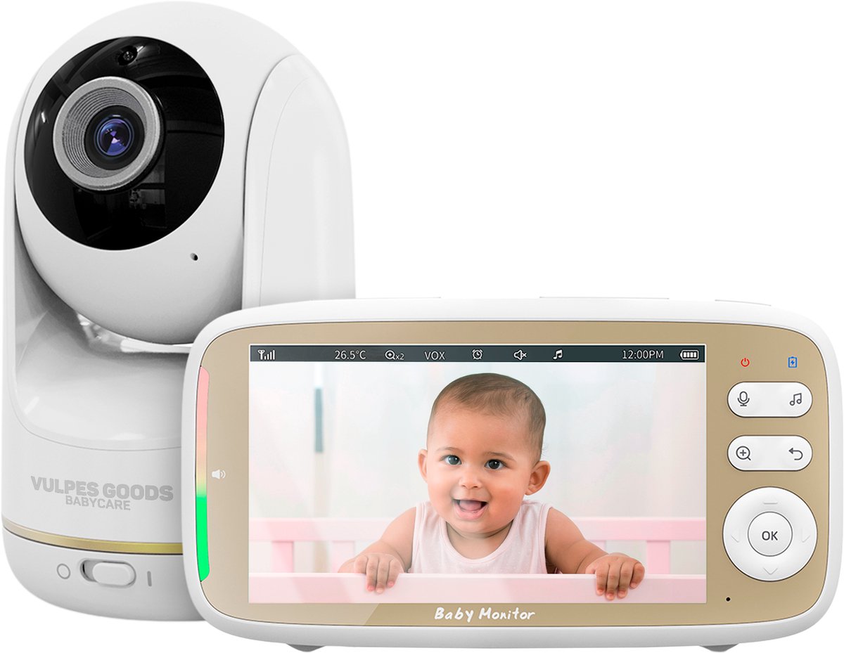 Vulpes Goods® Babycare - Babyfoon met Camera - Babymonitor met Camera en VOX - 5 inch FULL HD Scherm - Op afstand bestuurbaar - Baby Camera - Babyfoons met Geluidsdetectie - Nightvision - PRO Versie - Wit