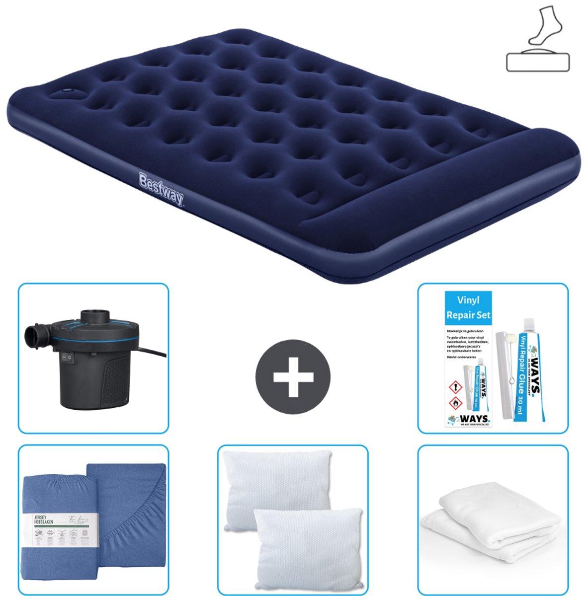 Bestway luchtbed - Twijfelaar - 137 x 191 x 28 cm - Blauw - Inclusief pomp - Hoeslaken - Kussen - Kussenbeschermer - Pomp en Reparatieset