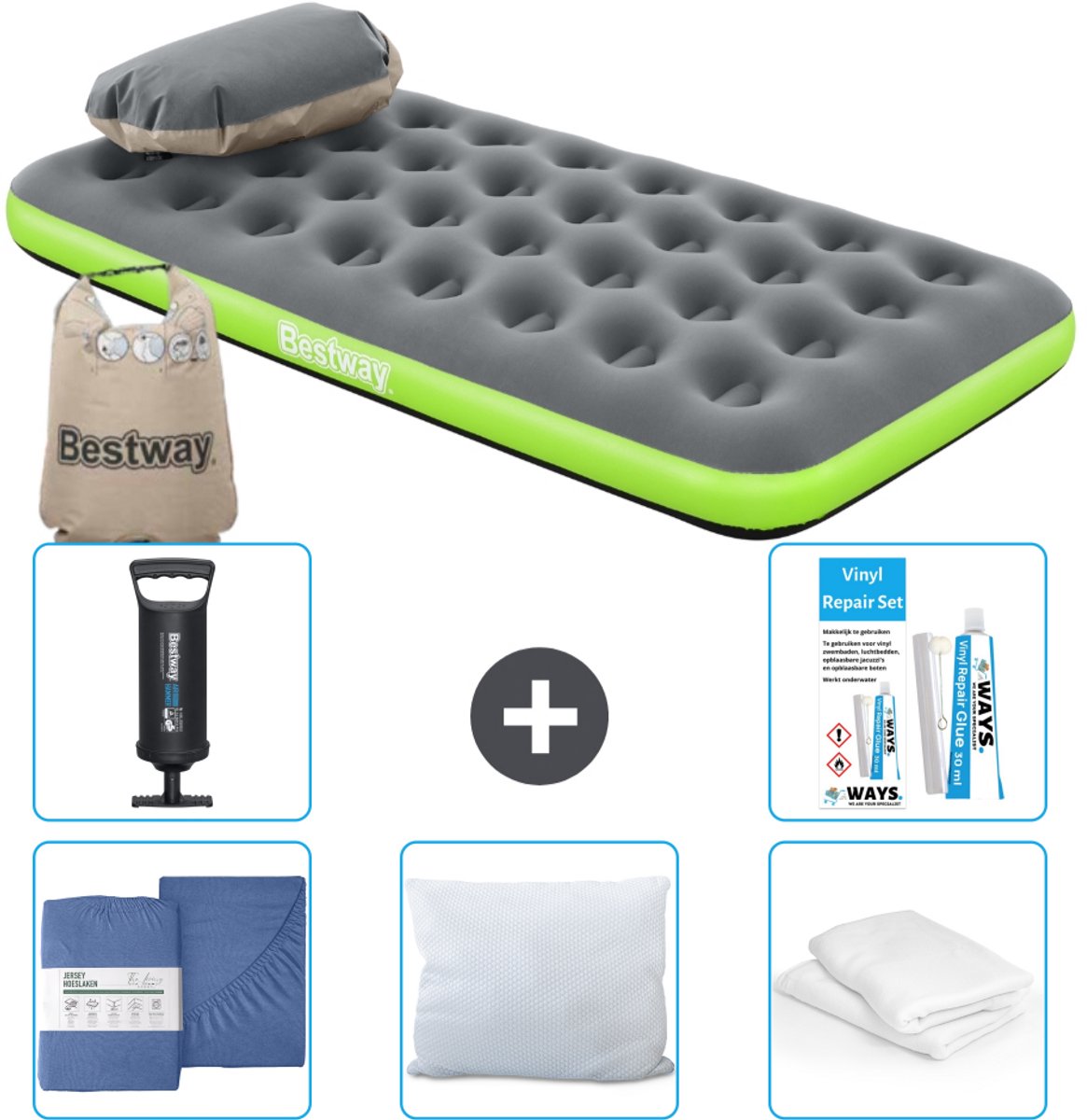 Bestway luchtbed - 1-Persoons - 99 x 188 x 22 cm - Grijs/Groen - Inclusief Hoeslaken - Kussen - Kussenbeschermer - Pomp en Reparatieset