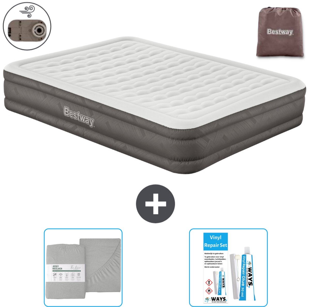 Bestway luchtbed - 2-Persoons - 152 x 203 x 36 cm - Bruin - Inclusief pomp - Hoeslaken en Reparatieset