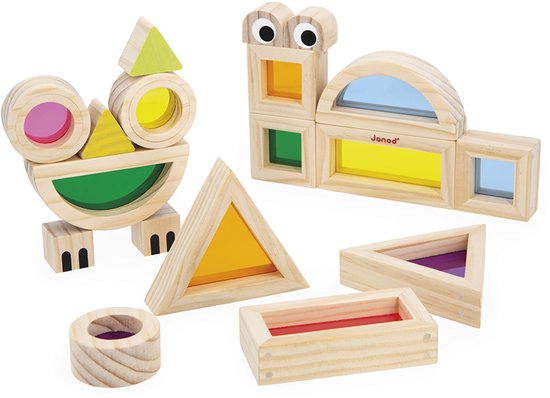 Janod Sensory - Coffret de blocs translucides - Composé de 12 Blocs géométriques avec pièces transparentes au milieu - Comprend 6 cartes modèles pour créer les personnages et animaux les plus mignons - Dès 1 an