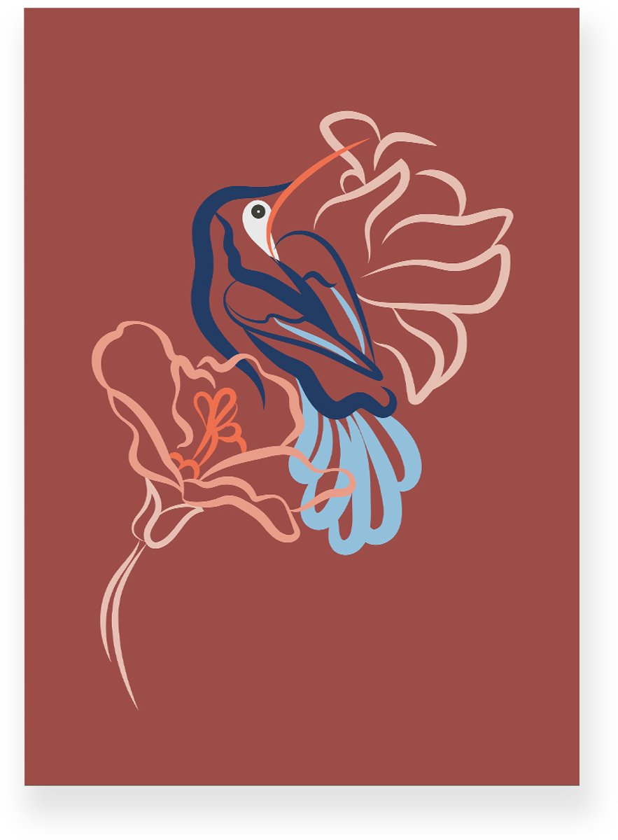 Aluminium plaat 20x30 cm - Poster - Kolibrie - Vogel - Bloemen - Roodbruin - Blauw - Minimalistisch - Botanisch - Muurdecoratie - Wanddecoratie