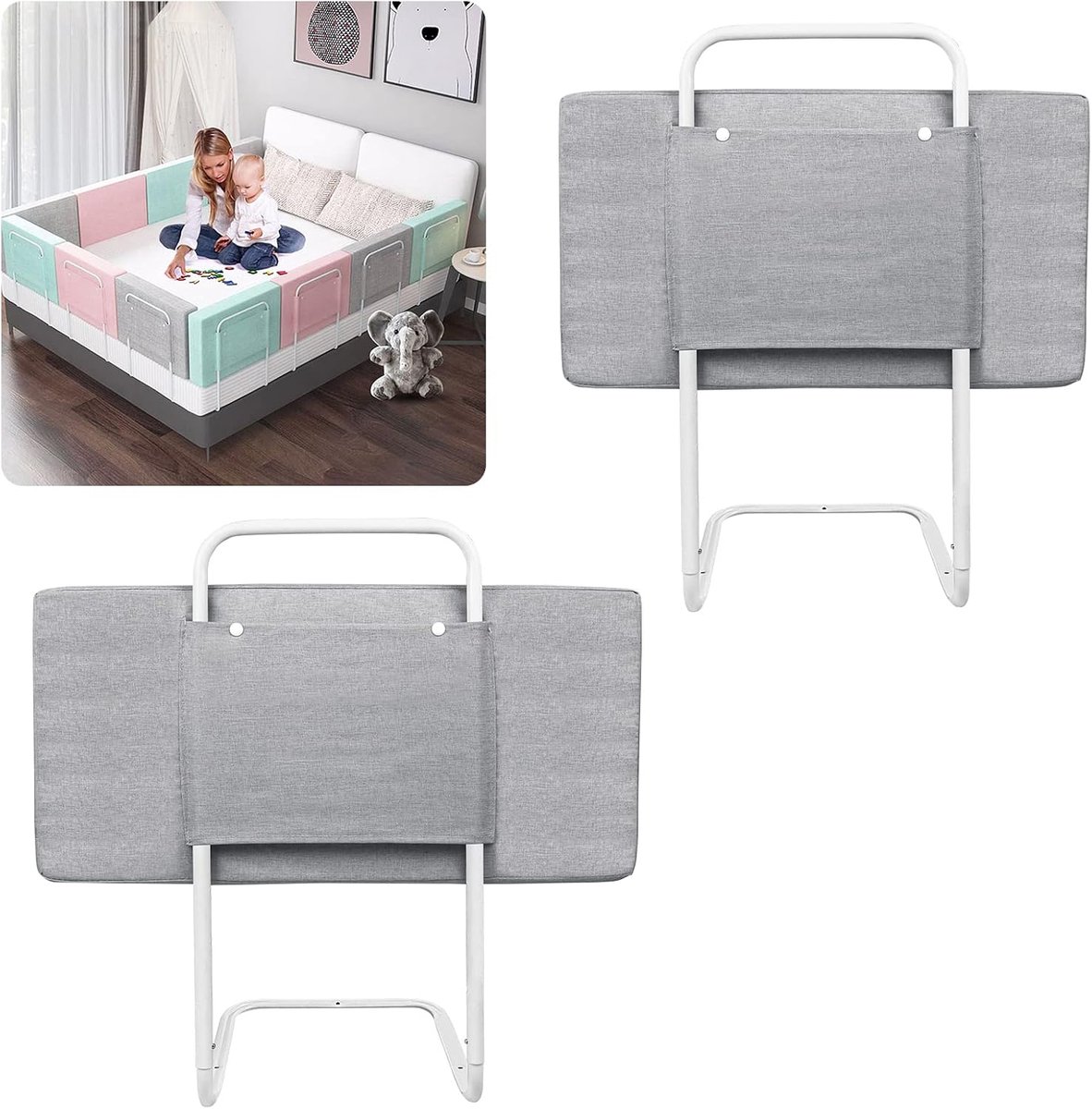 Aufun bedhek, bedbescherming 50cm, in hoogte verstelbaar, valbestendig bedhek, 40-60cm verstelbare stalen buis, linnengrijs
