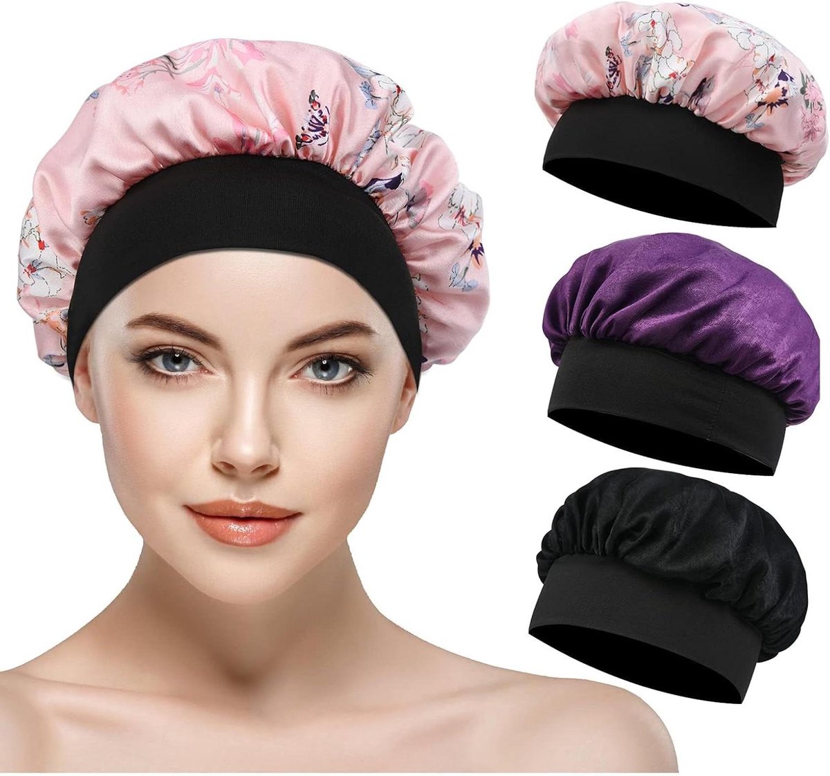Zachte satijnen bonnet haarbonnet om te slapen - Set van 3