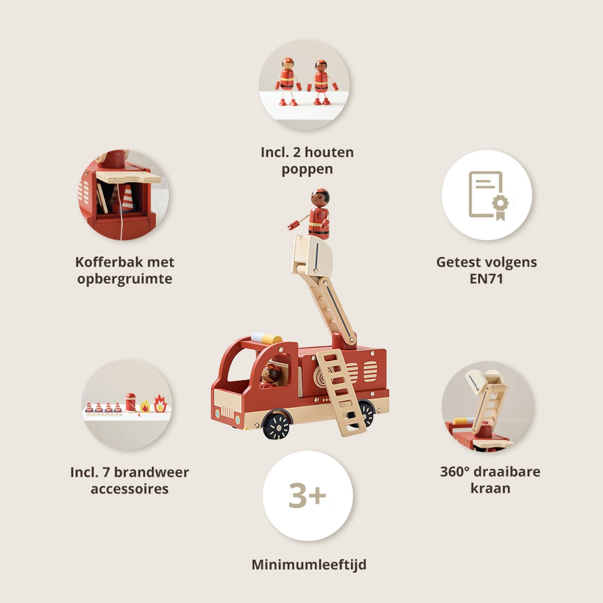 Petite Amélie Brandweerauto Pompier – Incl. 7 accessoires & 2 houten poppen – 360° draaibare kraan – Kofferbak met opbergruimte & klep — afbeelding 9