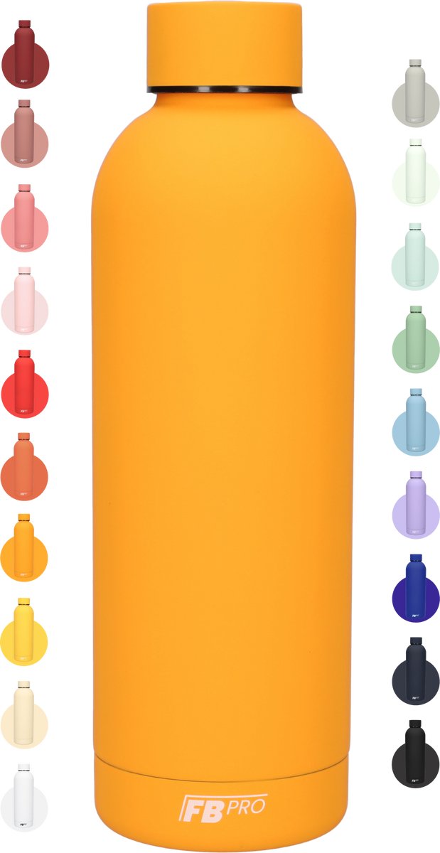 Drinkfles - Dubbelwandige waterfles - Thermosfles - RVS thermos fles - Geschikt voor warme en koude dranken - Extra grip door rubbercoating - 500 ML - Oranje