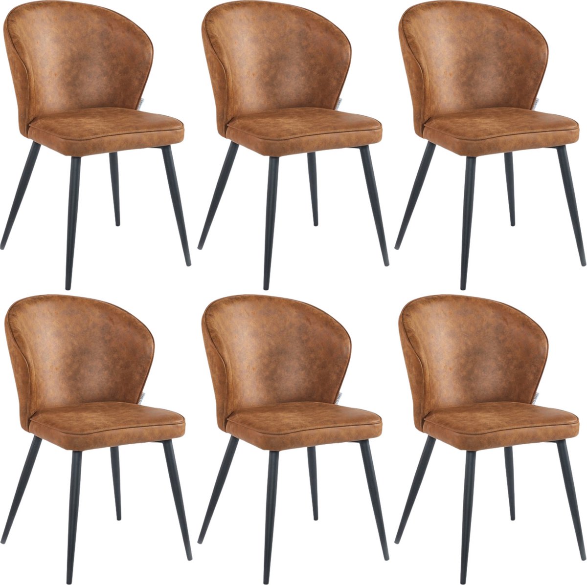 Colenis Curve Eetkamerstoel - Set Van 6 - Cognac - Microfiber - Zwarte Poten