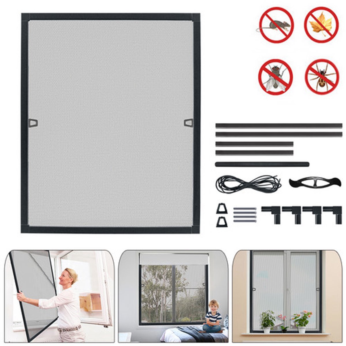 100×120cm rookloze kolen gekleurde ramen, huishoudelijke schermen, gordijnen, aluminium frame schermen, muskietennetten, insectenbestendig, ademend, geen behoefte aan boren en assemblage