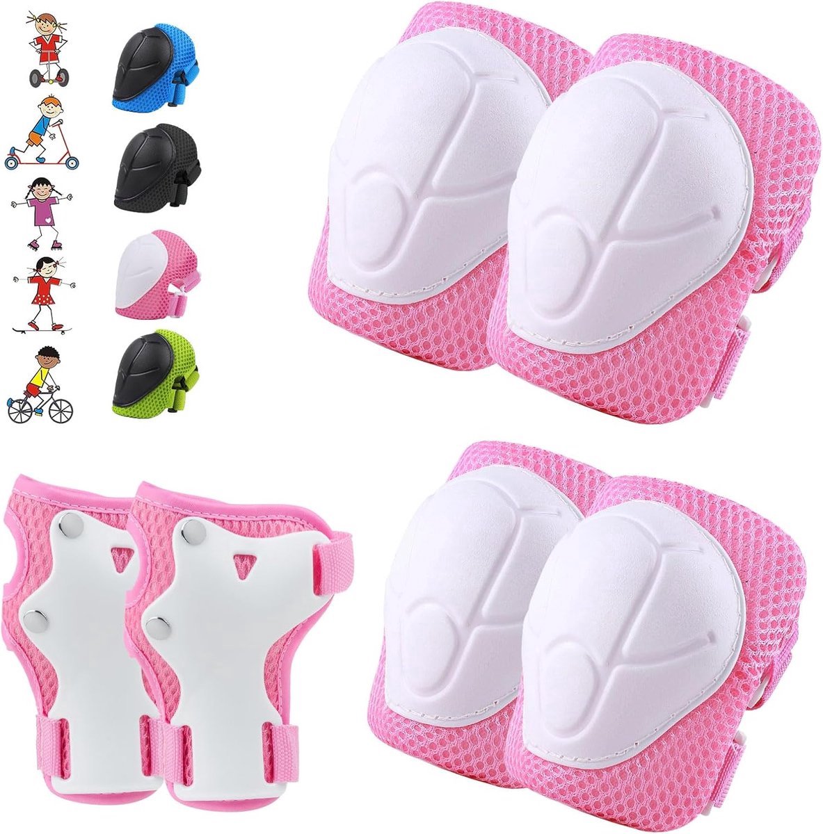 Set van 6 - Beschermende uitrusting voor kinderen - Kniebeschermers voor kinderen van 3-10 jaar - Knie- en elleboogbeschermers voor kinderen - Set polsbeschermers - Ideaal voor skaten, fietsen - Roze