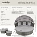 Technische details en afmetingen van het grijze, ronde loungebed met kussens, tafel en zonnescherm.