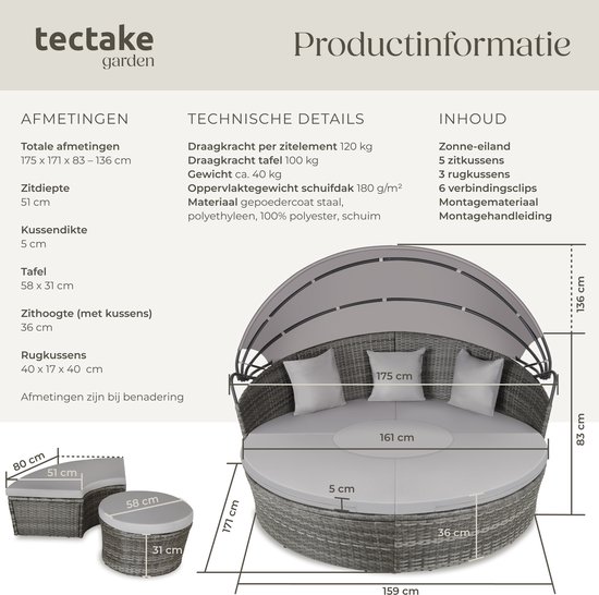Technische details en afmetingen van het grijze, ronde loungebed met kussens, tafel en zonnescherm.