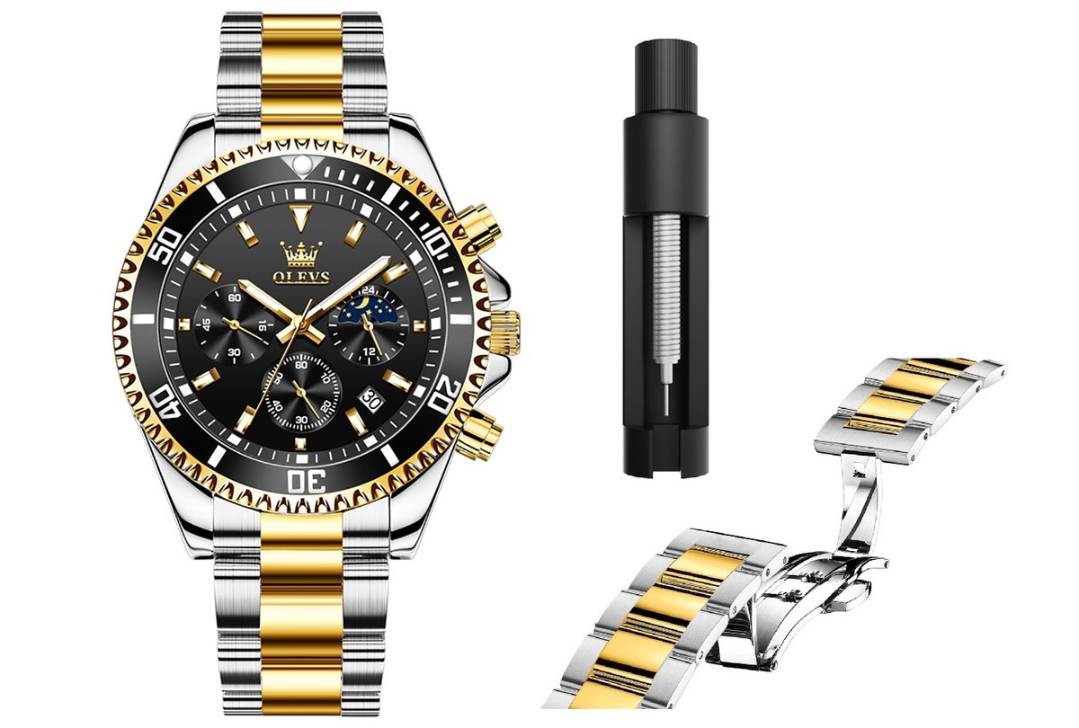 OLEVS Herenhorloge - RVS - Vlindersluiting - Premium Editie - Zwart-Zilvergoud - Luxe Horloge voor Mannen