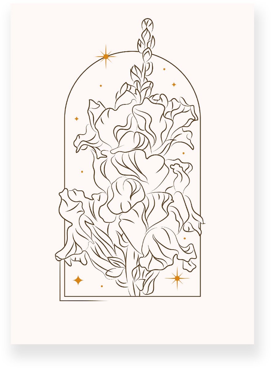 Yisual Aluminium plaat 30x40 cm - Poster - Gladiool - Planten - Lijntekening - Goud - Beige - Minimalistisch - Botanisch - Muurdecoratie - Wanddecoratie