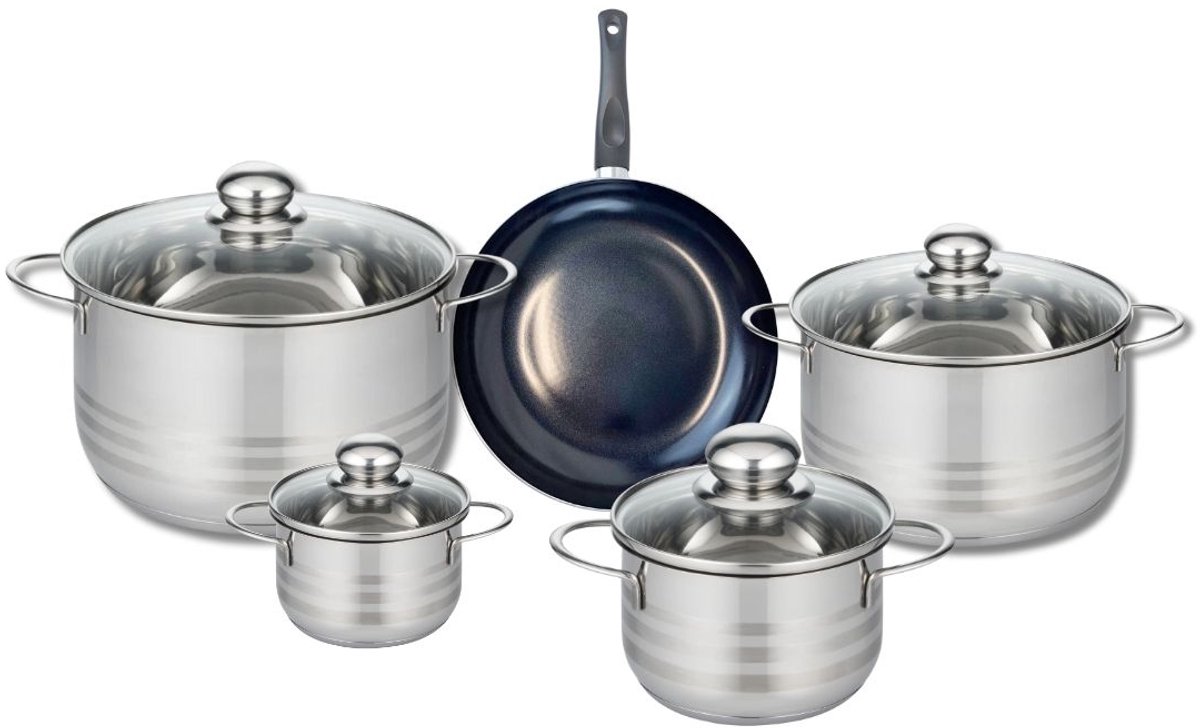 Set van 1 Koekenpan 20 cm en 4 kookpotten 12, 16, 20 en 24 cm Elo Prima Glanzend