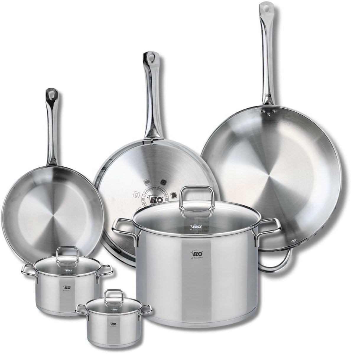 Set van 3 Koekenpannen 24, 28 en 32 cm en 3 kookpotten 12, 14 en 26 cm Elo Profi Citrin