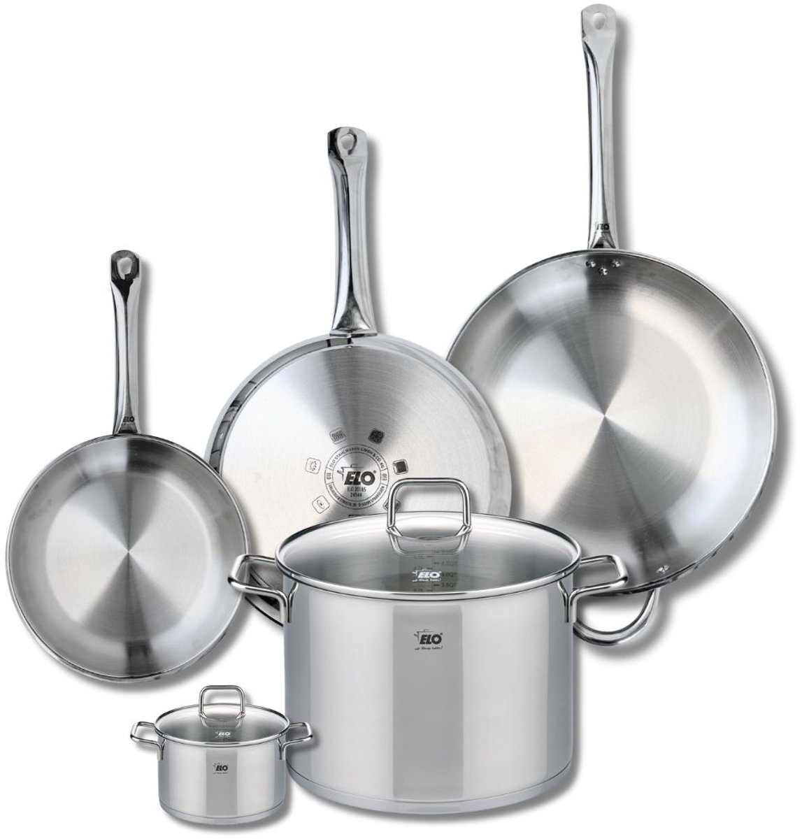 Set van 3 Kookpannen 24, 28 en 32 cm en 2 braadpannen 12 en 26 cm Elo Profi Citrin