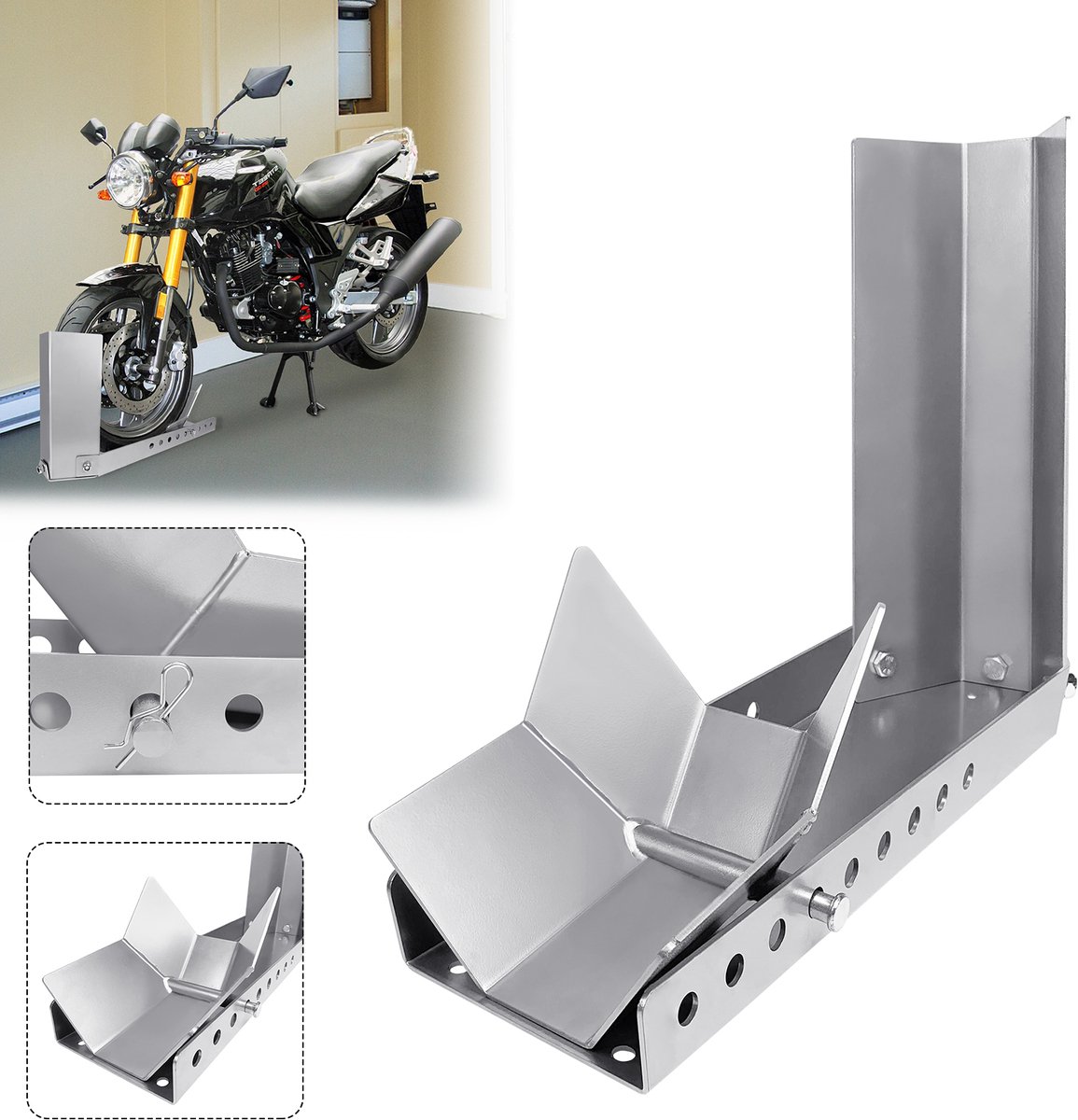 Laadhulp, rail, motorwip, motorstandaard, voorwielklem, versterkte standaard, met 3 ankerbouten, hoge veiligheidsfactor (1 stuk)