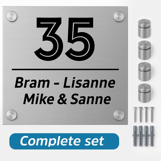 Plaque signalétique porte d'entrée Maison - Signe - Nom et numéro de maison - 15 x 15 cm - Aluminium brossé - Coeur - Incl. Kit de montage + entretoises inox