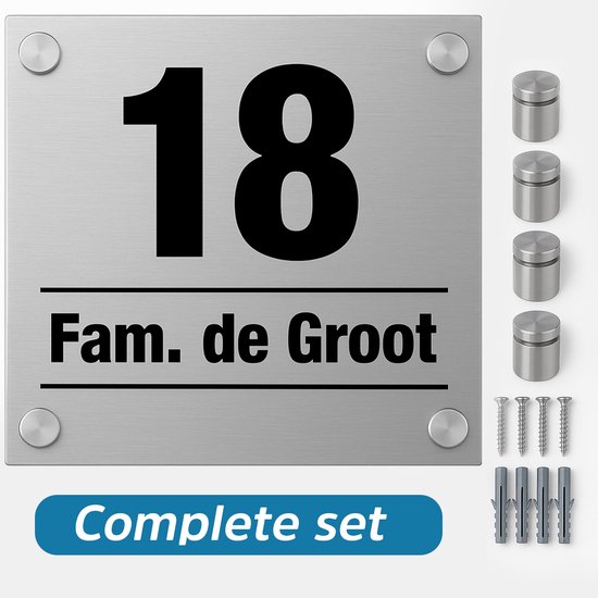 Plaque signalétique porte d'entrée Maison - Signe - Nom et numéro de maison - 15 x 15 cm - Aluminium brossé - Carré - Incl. Kit de montage + entretoises inox