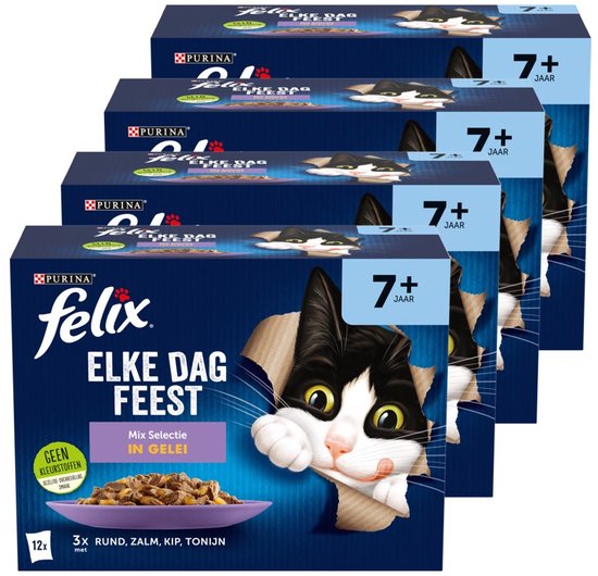 Felix Elke Dag Feest 7+ Senior Mix Selectie - Kattenvoer Natvoer - Zalm Tonijn Kip & Rund - 48 x 85 g
