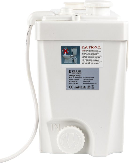 Achterkant van de witte fecaliënvermaler met een waarschuwingslabel en een sticker met 'KIBANI Sewage Pump'.