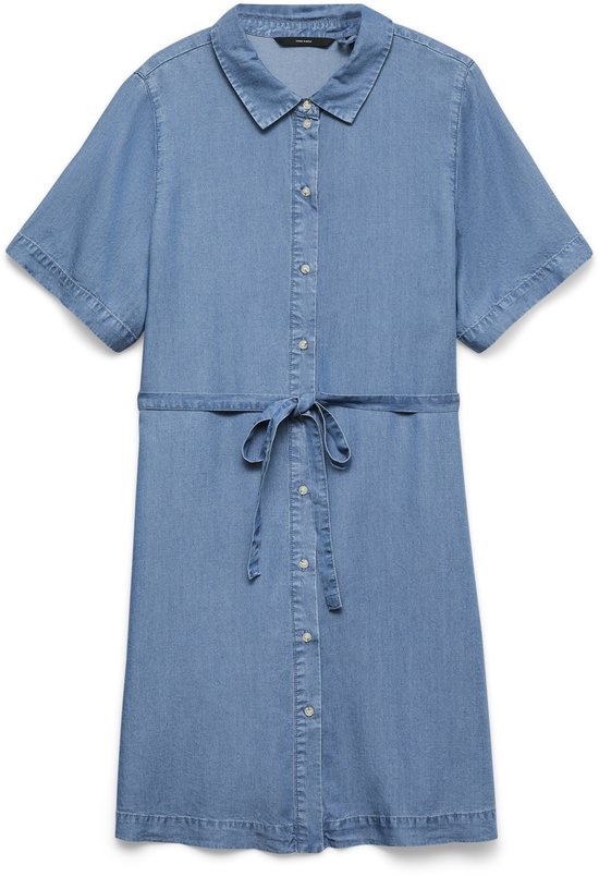 Robe en jean bleu à manches courtes, col, patte de boutonnage et ceinture à nouer.