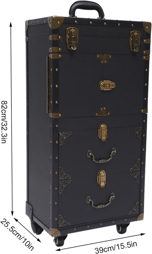 Kemier Professionele reismake-up organizer - rollende treinkoffer met grote capaciteit, zwart, Zwart, L