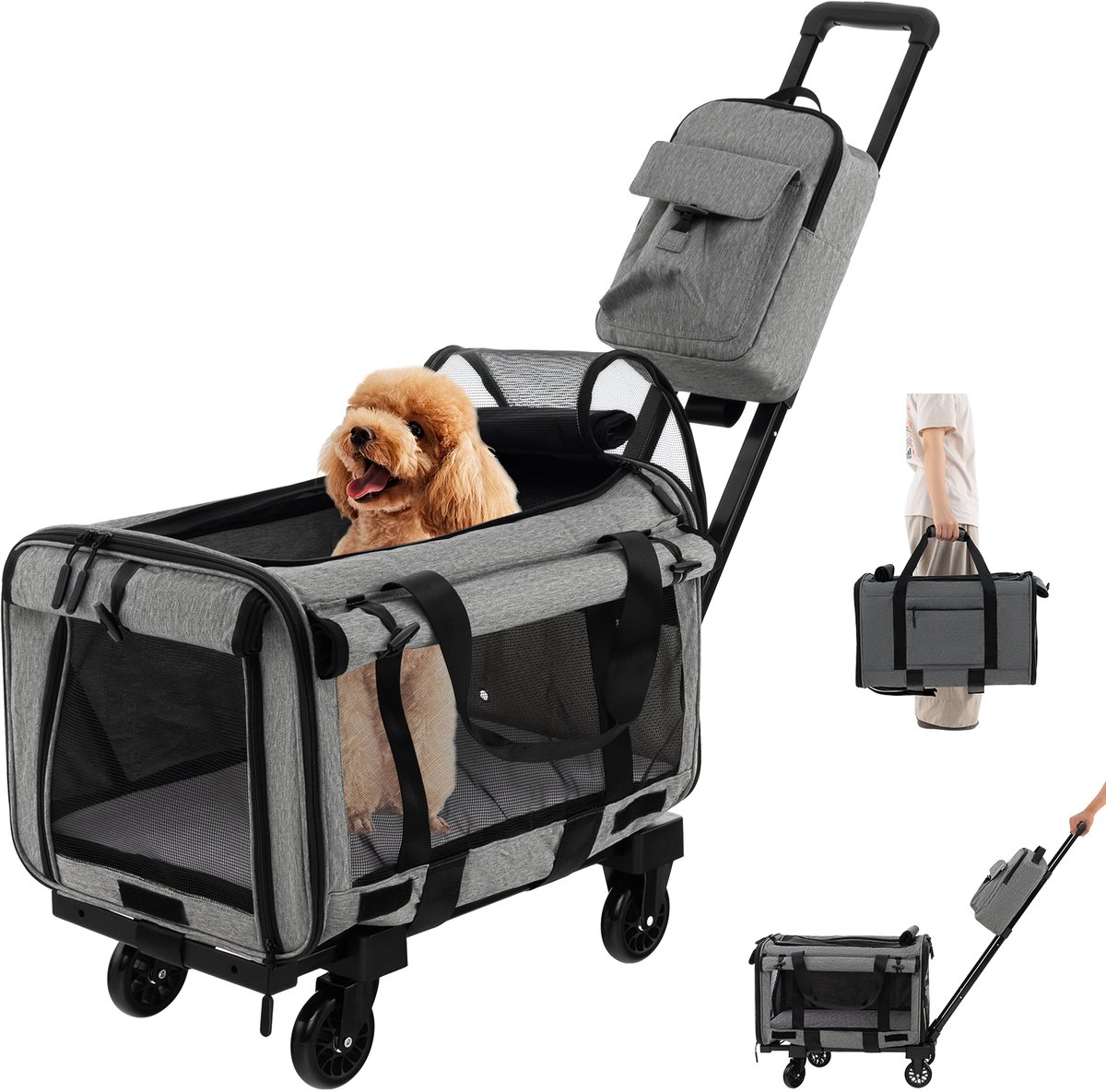 COSTWAY Transportbox kat, hondendraagtas, mobiel, transporttas met telescoopgreep, wielen en kleine tas, inklapbare reisbox voor kleine en middelgrote huisdieren, hondenbox, kattentas, grijs