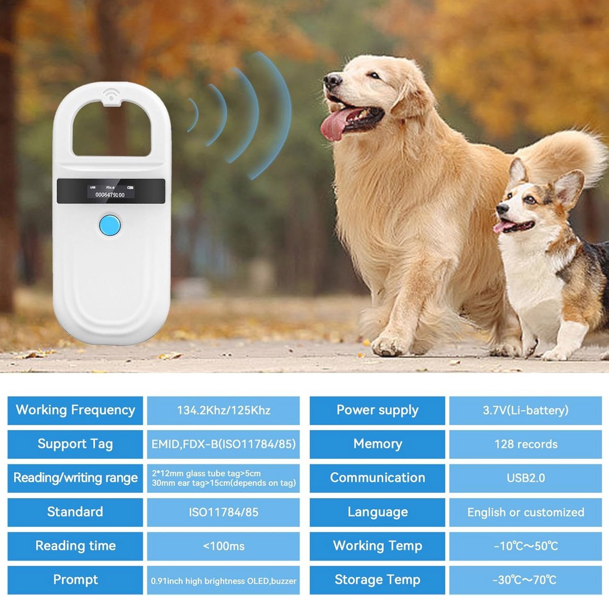 Handheld Microchip Scanner voor Huisdieren - Oplaadbare RFID-lezer met OLED-display voor Dierenbeheer thumbnail 3