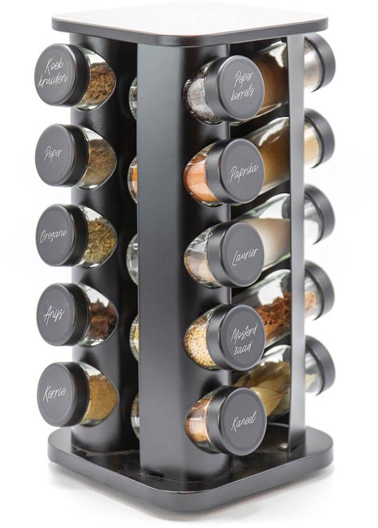 George Napoli Étagère à épices rotative – Droite – Pots d'herbes aromatiques – Carrousel à épices – 20 Pots d'herbes aromatiques – Carré Zwart – Acier inoxydable – Organiseur de comptoir