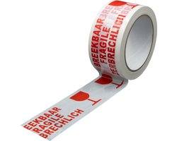 Waarschuwingstape Breekbaar Wit - Breekbaar tape - Markeringstape Fragile plakband - 50mm x 66 meter 1 rol - DULA