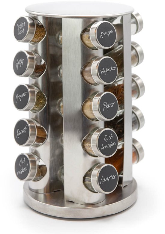 George Napoli Kruidenrek Draaibaar - Staand - Kruidenpotjes - Kruiden Carrousel - 20 Kruidenpotjes - Zilver - RVS - Aanrecht Organizer
