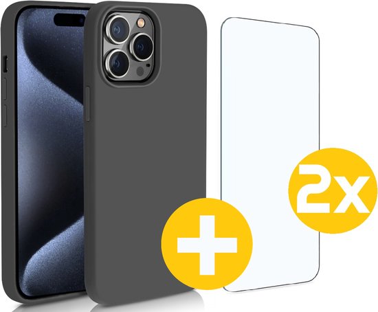 Coque et protection d'écran pour iPhone 15 Pro Max : coque en Siliconen noire + 2 protections d'écran