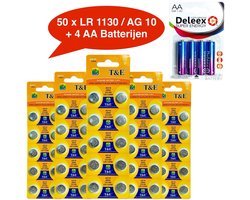 AG10 / 389A horloge knoopcel batterijen - 5x10 strips = 50 stuks + 4 stuks AA Batterijen ( ook bekend als 389A-LR1130W-CX189-AG-10)