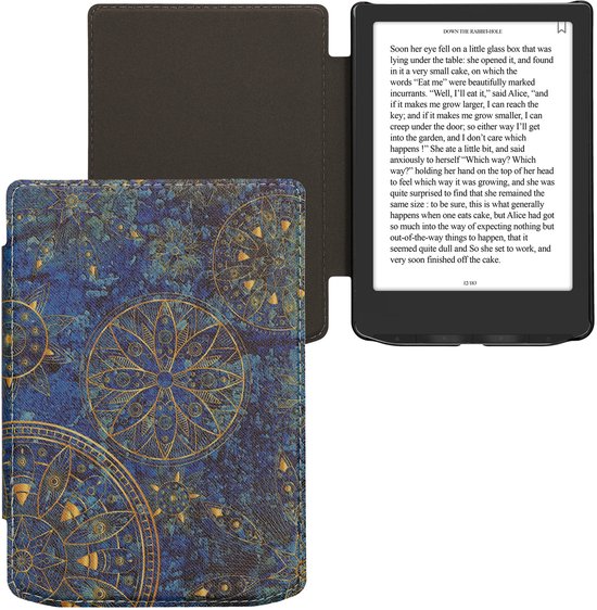 kwmobile e-reader hoesje geschikt voor Pocketbook Verse / Verse Lite / Verse Pro / Color / Vivlio Light/Light HD hoes - E reader flip case met magnetische sluiting - Ereader cover - Mandala design in geel / donkerblauw van Merkloos — afbeelding 3