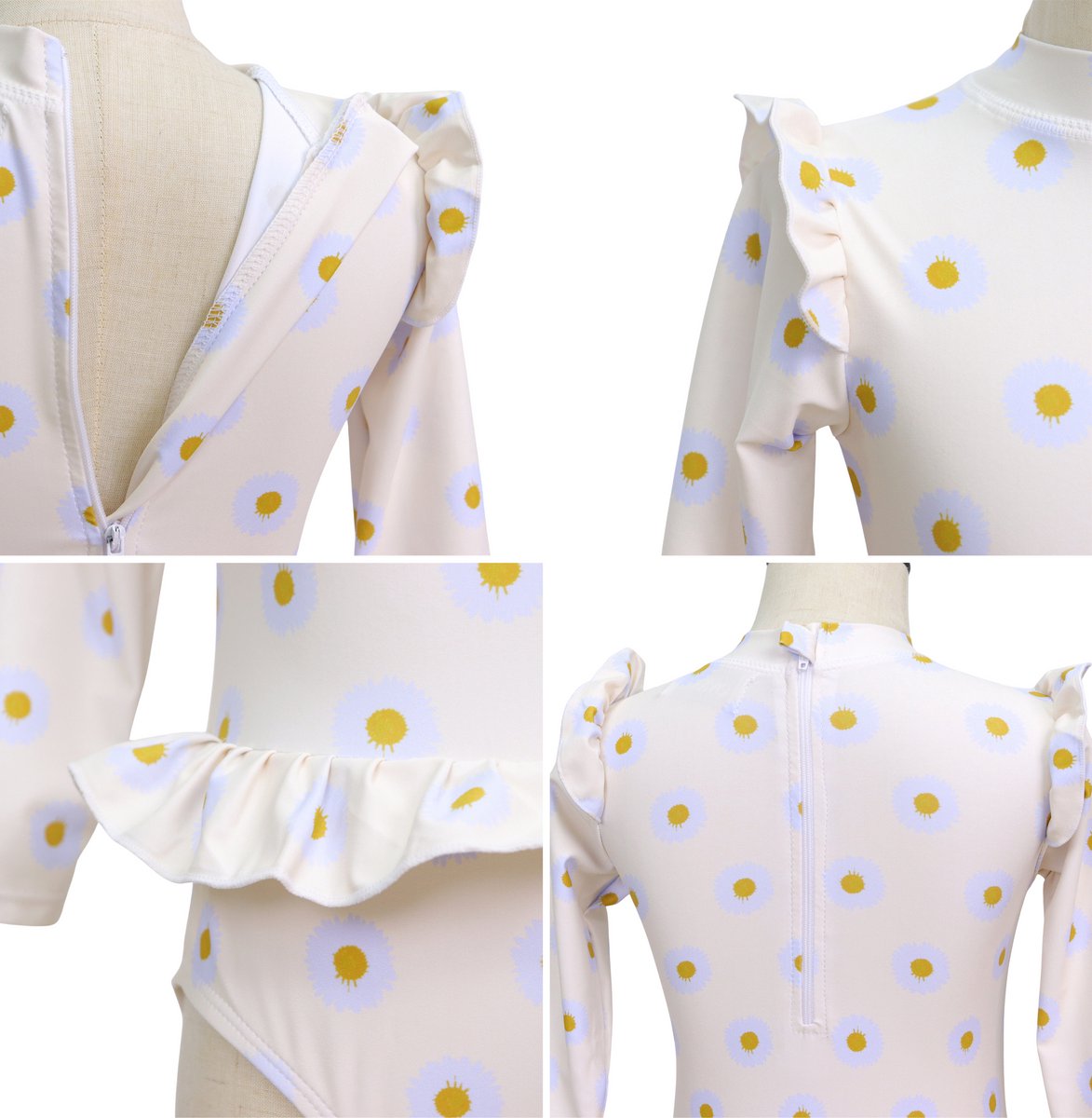 Joya Kids® Badpak Lange Mouw Gebroken Wit met Bloemen print met Ruches Meisjes | Zwempak met ruches UV Badpak Madeliefjes | Zwempak Lange Mouw UV Bescherming | Meisje Bikini Zomer | Kinderbadpak Peuter | | 2 - 3 Jaar — afbeelding 9