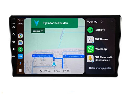 Autoradio met navigatiescherm en apps zoals Spotify, Whatsapp en FM.