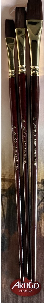 Artigo Professional 1602 Penseelset – Plat (3-delig: Maat #6, #8, #10) – Synthetische Penselen voor Olie- en Acrylverf met Lange Rood Gelakte Steel