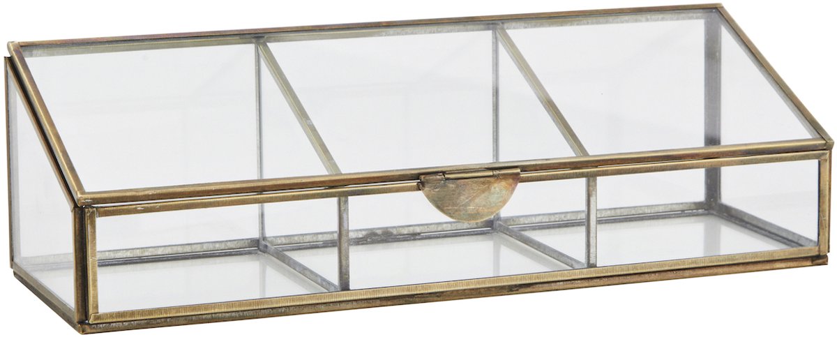 Madam Stoltz Glazen vitrine messing met 3 compartimenten 30x10x9 cm