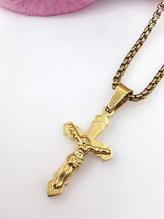 Kruis met Jezus - Religieus Christus Kruis Hanger met RVS goudkleurig ketting L 45 cm Ketting - Prachtig - Cadeau.