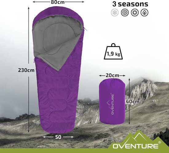 Slaapzak - Mummyslaapzak - Warm en comfortabel - 100% pongee polyester voering - Comfort temperatuur 5°C - 8°C - Waterafstotend - Voor kamperen, logeren, reizen, festival - 230x80 cm - Paars — afbeelding 4
