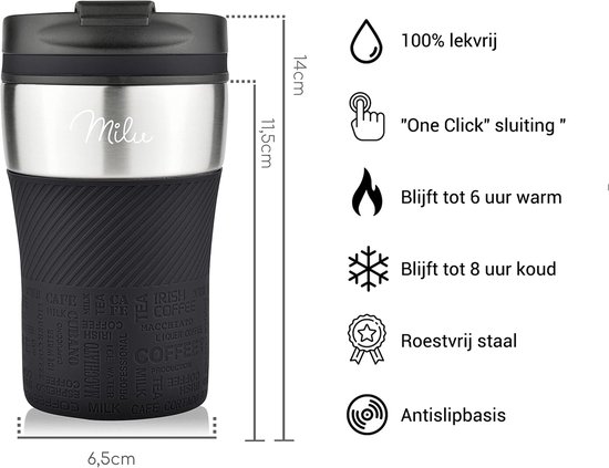 Zwarte Milu thermosbeker met specificaties: 14 cm hoog, 6,5 cm breed, 100% lekvrij, kliksluiting, blijft 6 uur warm, 8 uur koud.